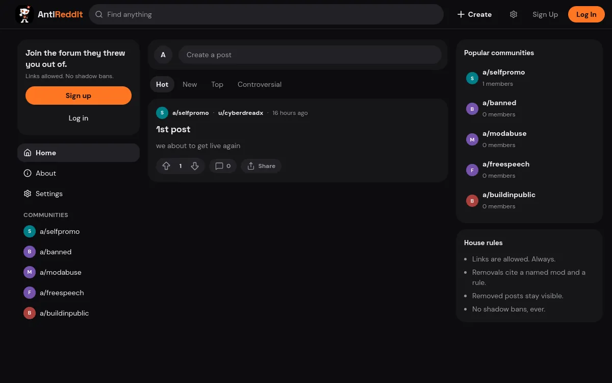 AntiReddit homepage